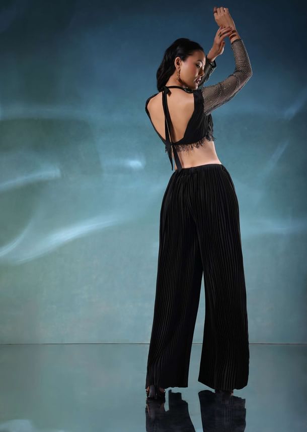 Black Mesh Blouse And Palazzo Set In Satin Black Mesh Blouse And Palazzo Set In Satin