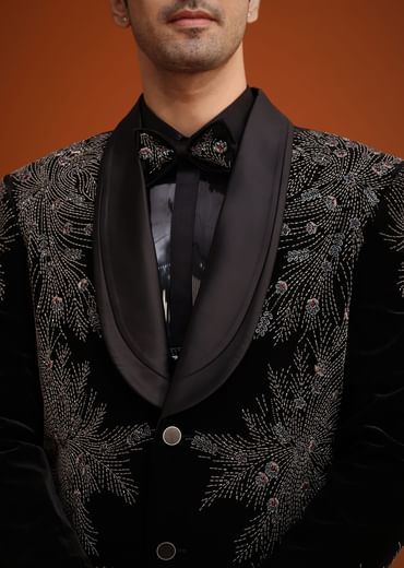 Black Micro Velvet Cutdana Embellished Tuxedo Set