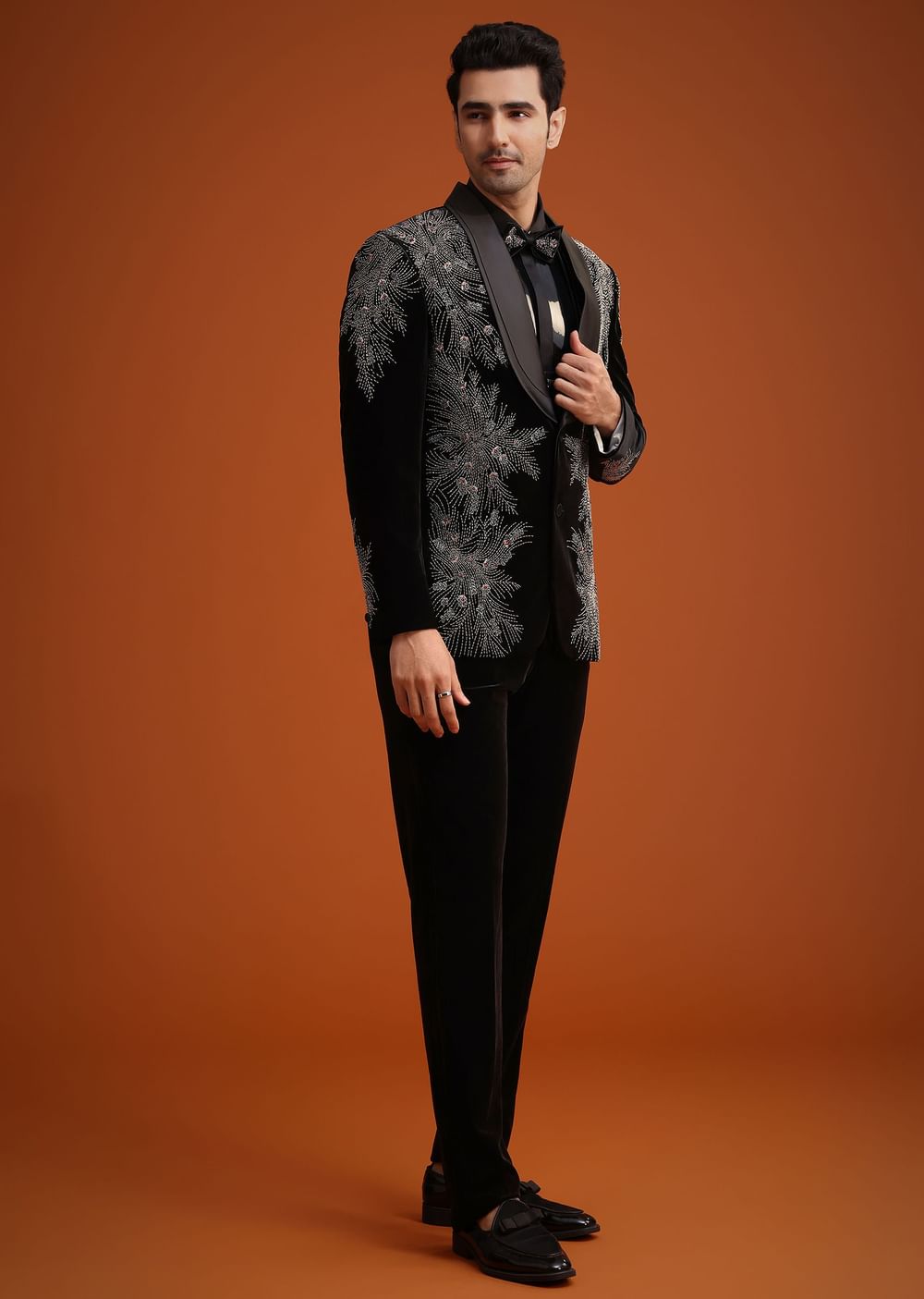 Black Micro Velvet Cutdana Embellished Tuxedo Set
