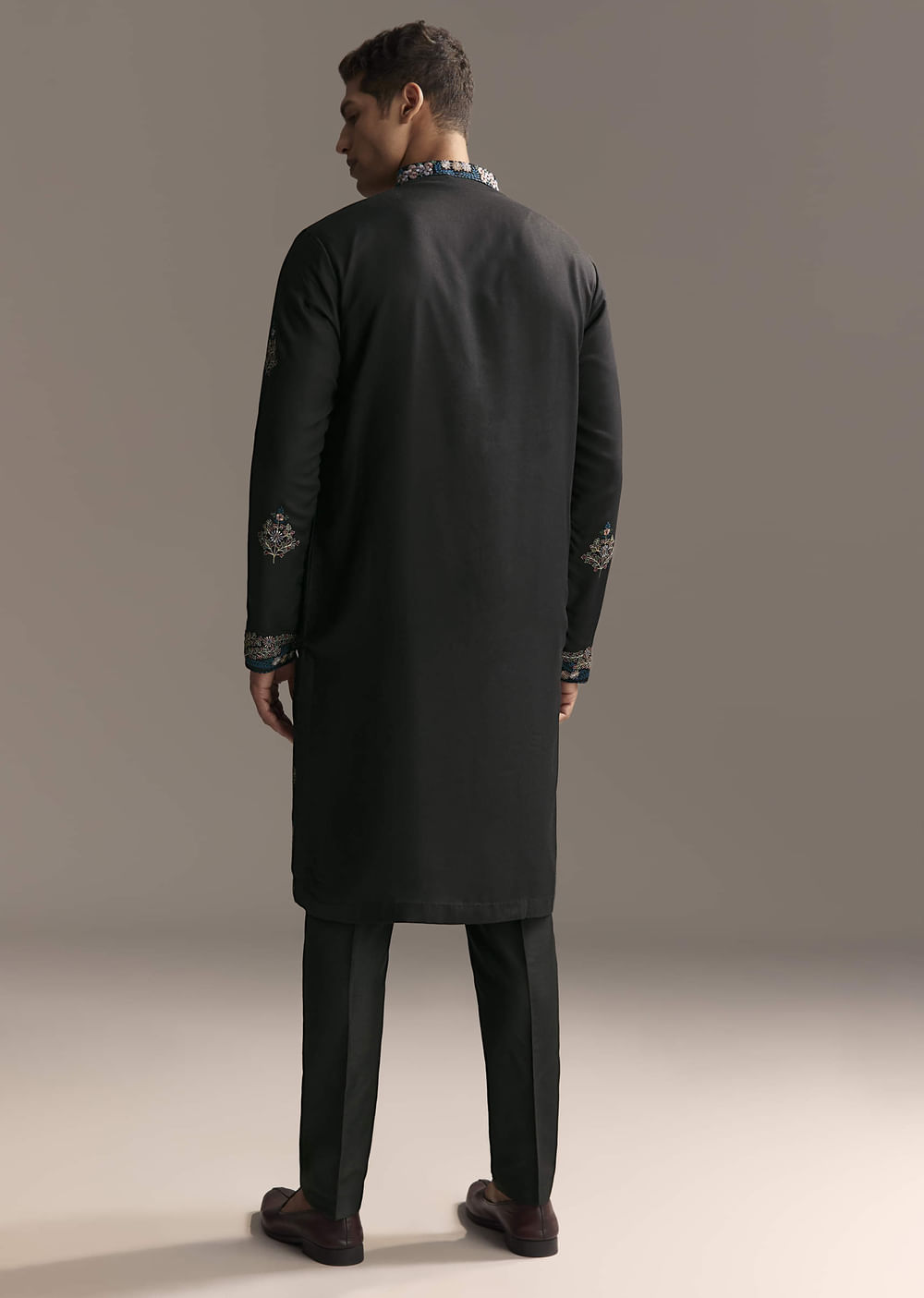 Black Modal Kurta Set For Men With Floral Resham Embroidery