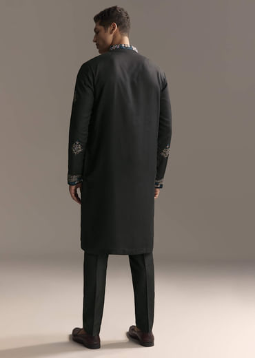Black Modal Kurta Set For Men With Floral Resham Embroidery