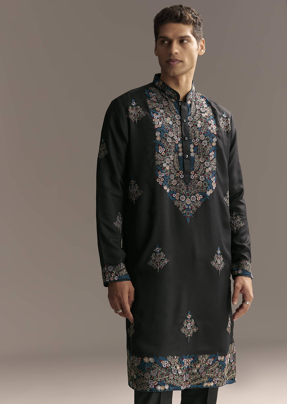 Black Modal Kurta Set For Men With Floral Resham Embroidery