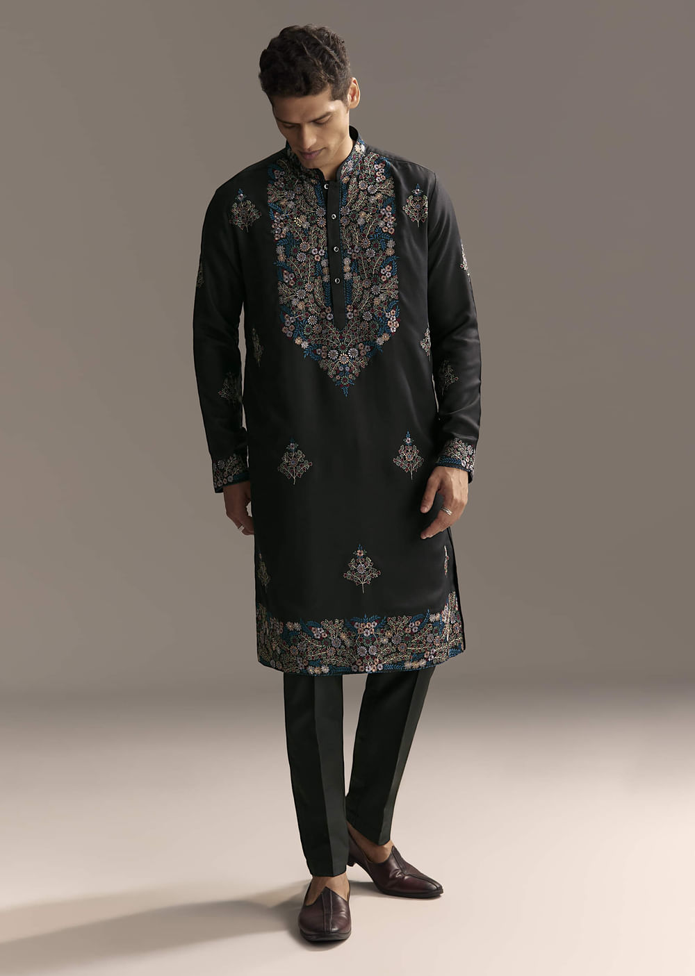 Black Modal Kurta Set For Men With Floral Resham Embroidery