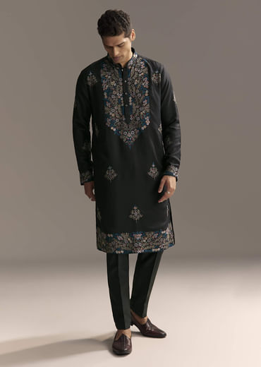 Black Modal Kurta Set For Men With Floral Resham Embroidery