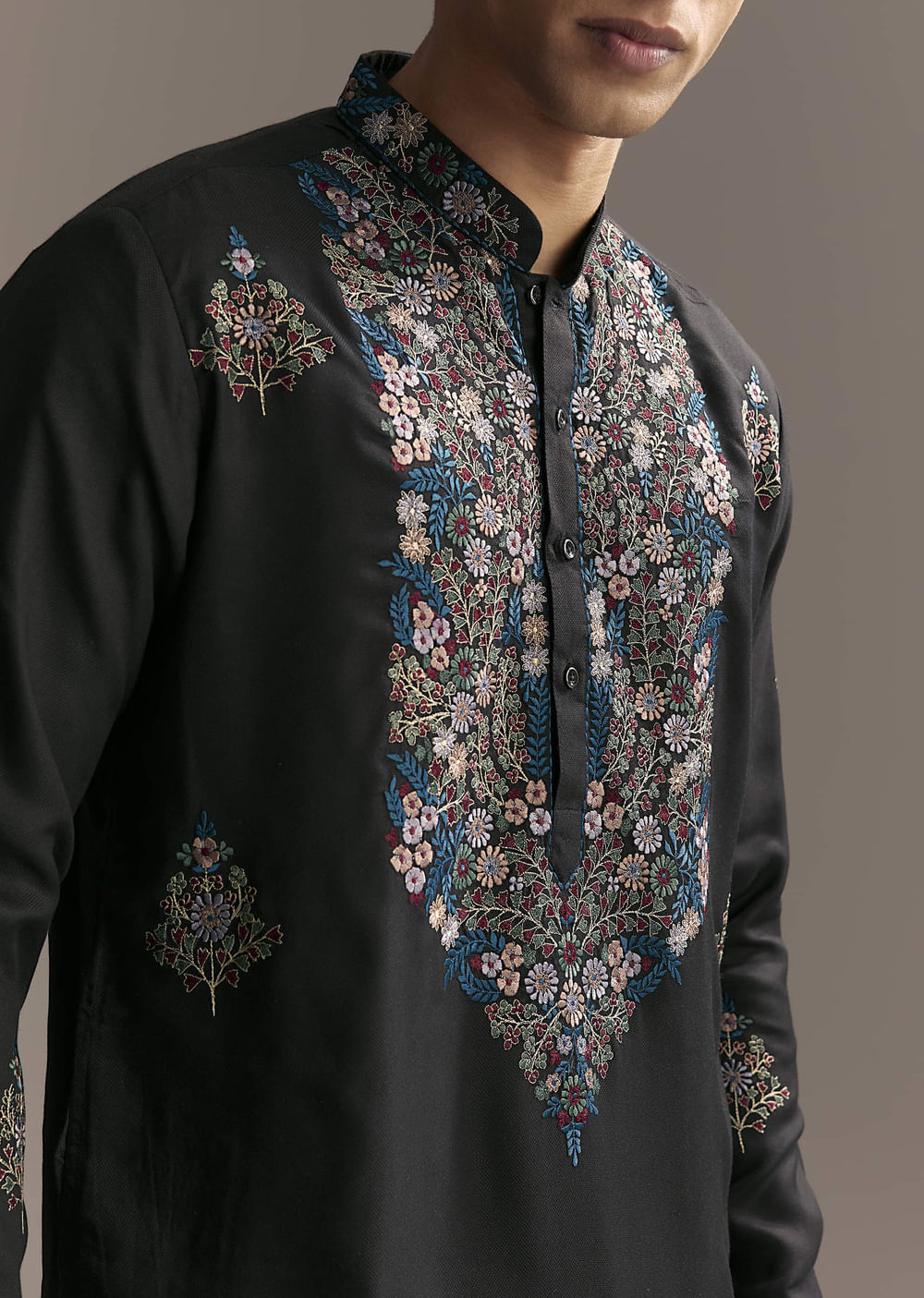 Black Modal Kurta Set For Men With Floral Resham Embroidery