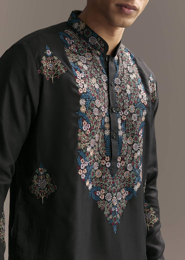 Black Modal Kurta Set For Men With Floral Resham Embroidery