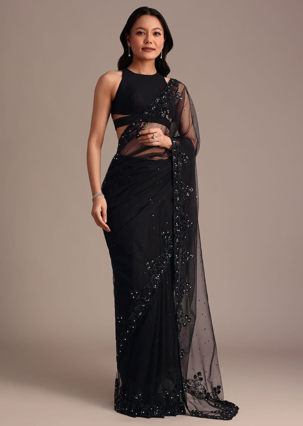 Black Net Embroidered Saree With Cutdana And Sequin Work