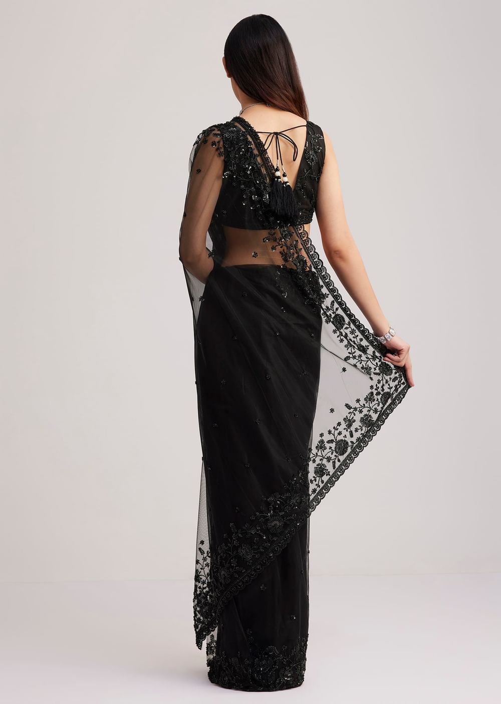 Black Net Heavy Embroidered Saree With Sequins And Stones