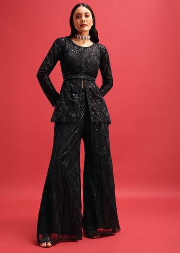 Black Net Kurta Palazzo Set In Sequin Work