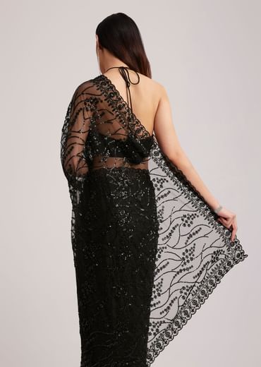 Black Net Saree Heavy Embroidered With Sequins And Stones