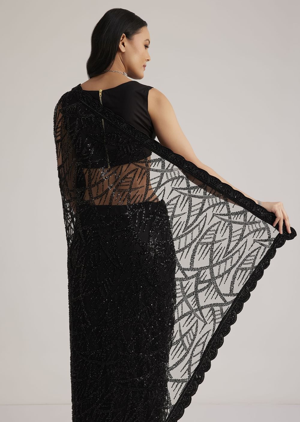 Black Net Saree With Sequins And Stones Embroidery