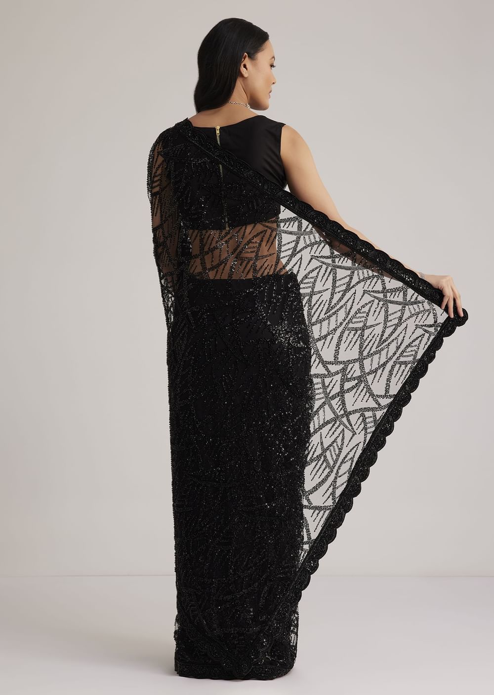 Black Net Saree With Sequins And Stones Embroidery