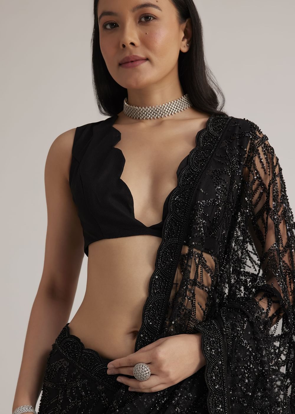 Black Net Saree With Sequins And Stones Embroidery