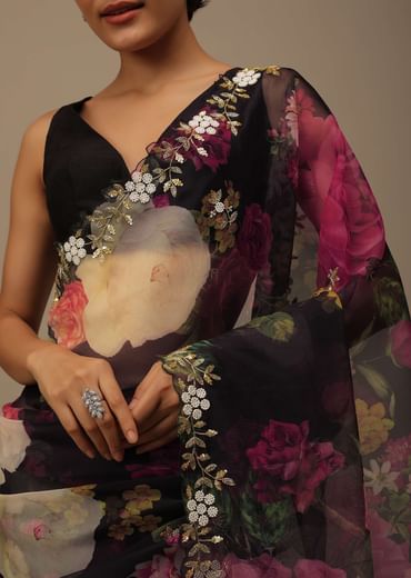 Black Organza Saree With Floral Print And Scallop Borders Black Organza Saree With Floral Print And Scallop Borders