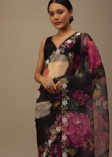 Black Organza Saree With Floral Print And Scallop Borders Black Organza Saree With Floral Print And Scallop Borders