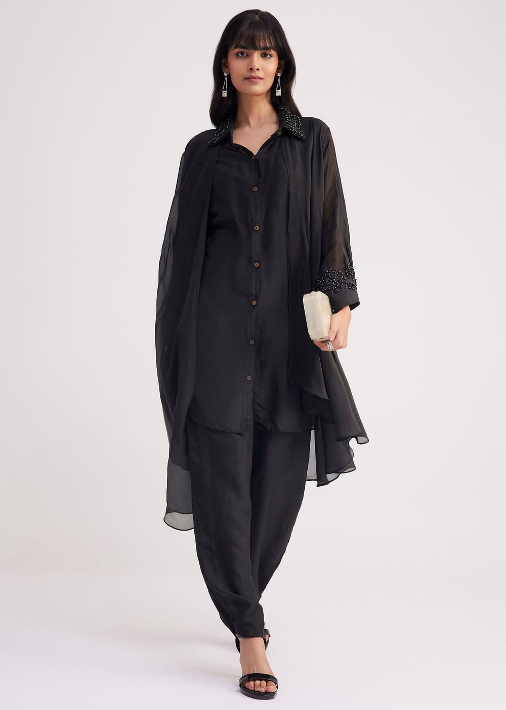 Black Organza Shirt Style Kurta Pant Set