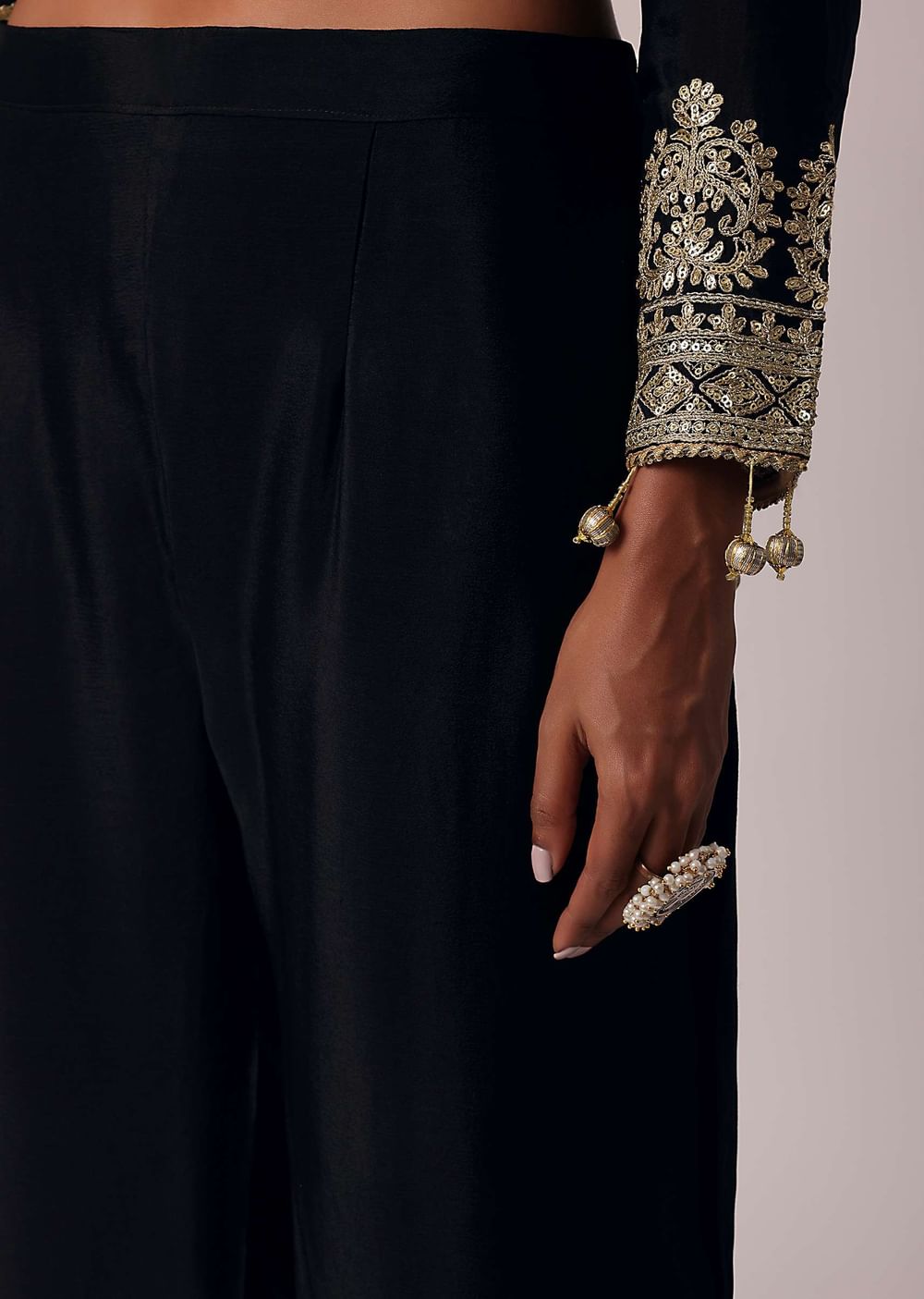 Black Pant Set In Chiffon With Zardozi Work Kurta