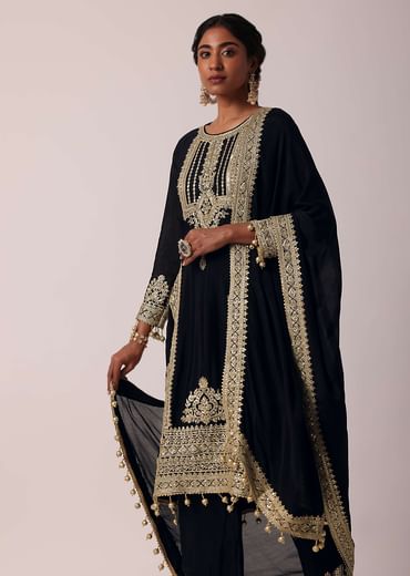 Black Pant Set In Chiffon With Zardozi Work Kurta