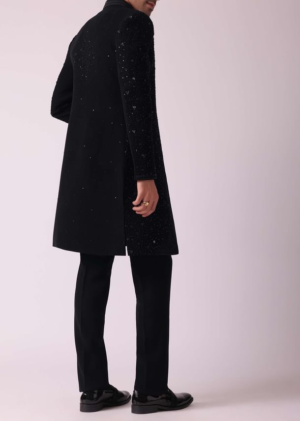 Black Patterned Indowestern Set In Suiting Fabric