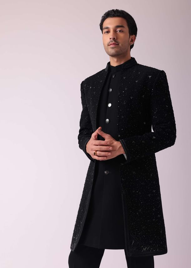 Black Patterned Indowestern Set In Suiting Fabric