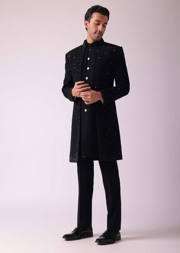 Black Patterned Indowestern Set In Suiting Fabric