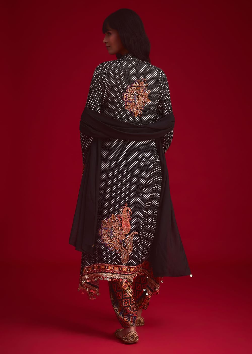 Black Polka Dot Printed Kurta Patiala Set With Pouch Bag