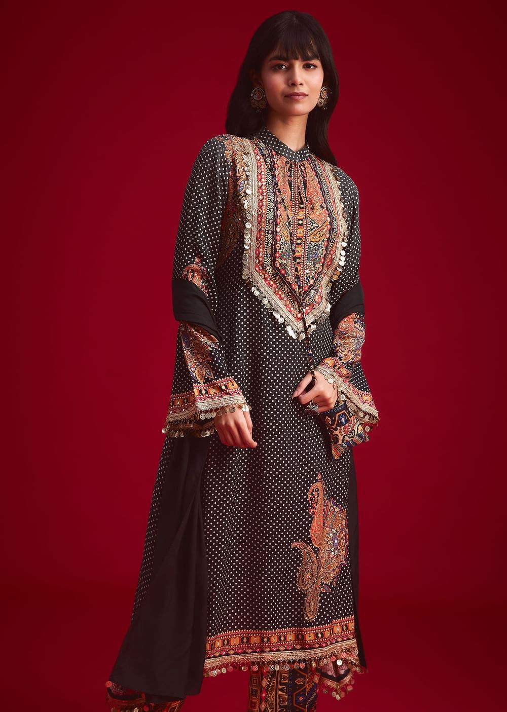 Black Polka Dot Printed Kurta Patiala Set With Pouch Bag