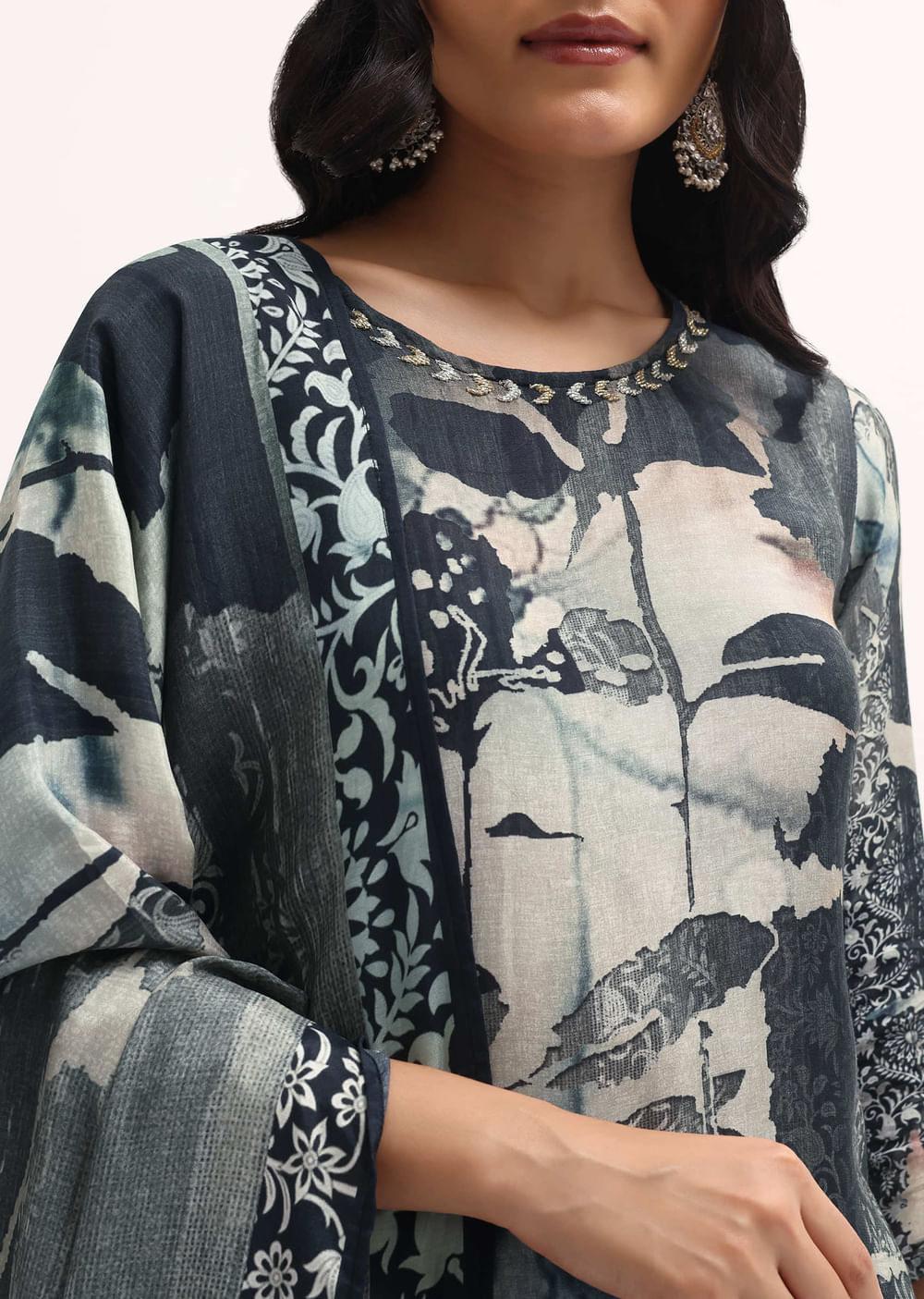 Black Printed Crepe Kurta Set With Dupatta