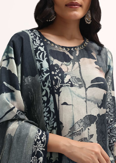 Black Printed Crepe Kurta Set With Dupatta