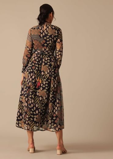 Black Printed Flared Kurta With Belt