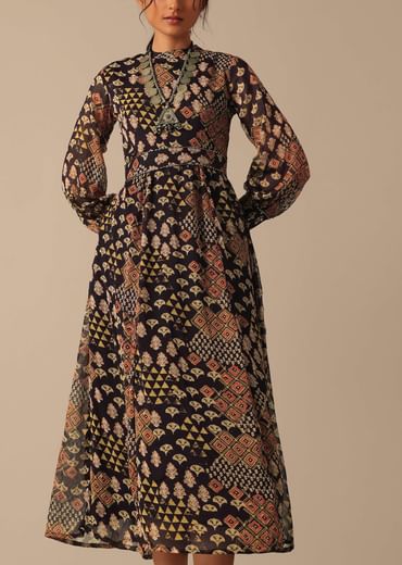 Black Printed Flared Kurta With Belt