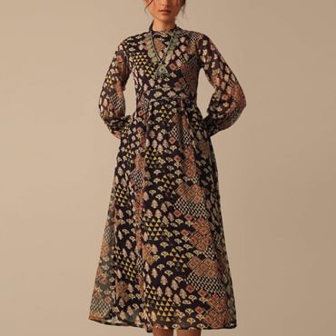 Black Printed Flared Kurta With Belt