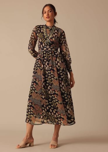 Black Printed Flared Kurta With Belt