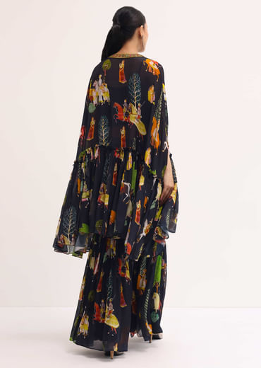 Black Printed Georgette Crop Top And Sharara Set
