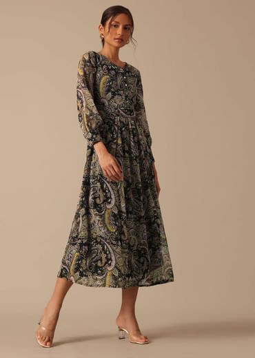 Black Printed Kurta in Chiffon With Belt