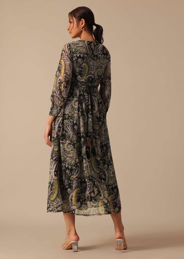 Black Printed Kurta in Chiffon With Belt