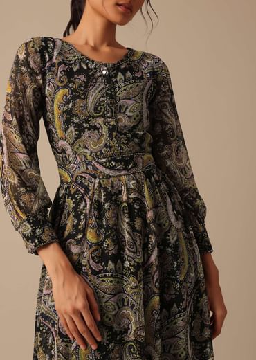 Black Printed Kurta in Chiffon With Belt