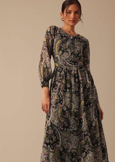 Black Printed Kurta in Chiffon With Belt