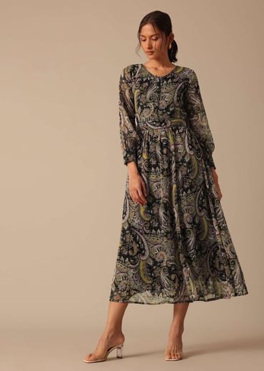 Black Printed Kurta in Chiffon With Belt