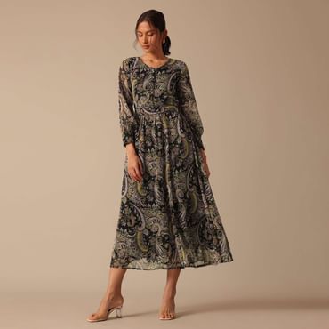 Black Printed Kurta in Chiffon With Belt