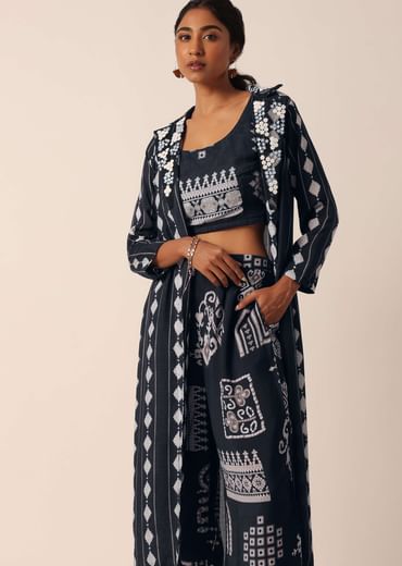 Black Printed Long Jacket And Pant Set In Cotton