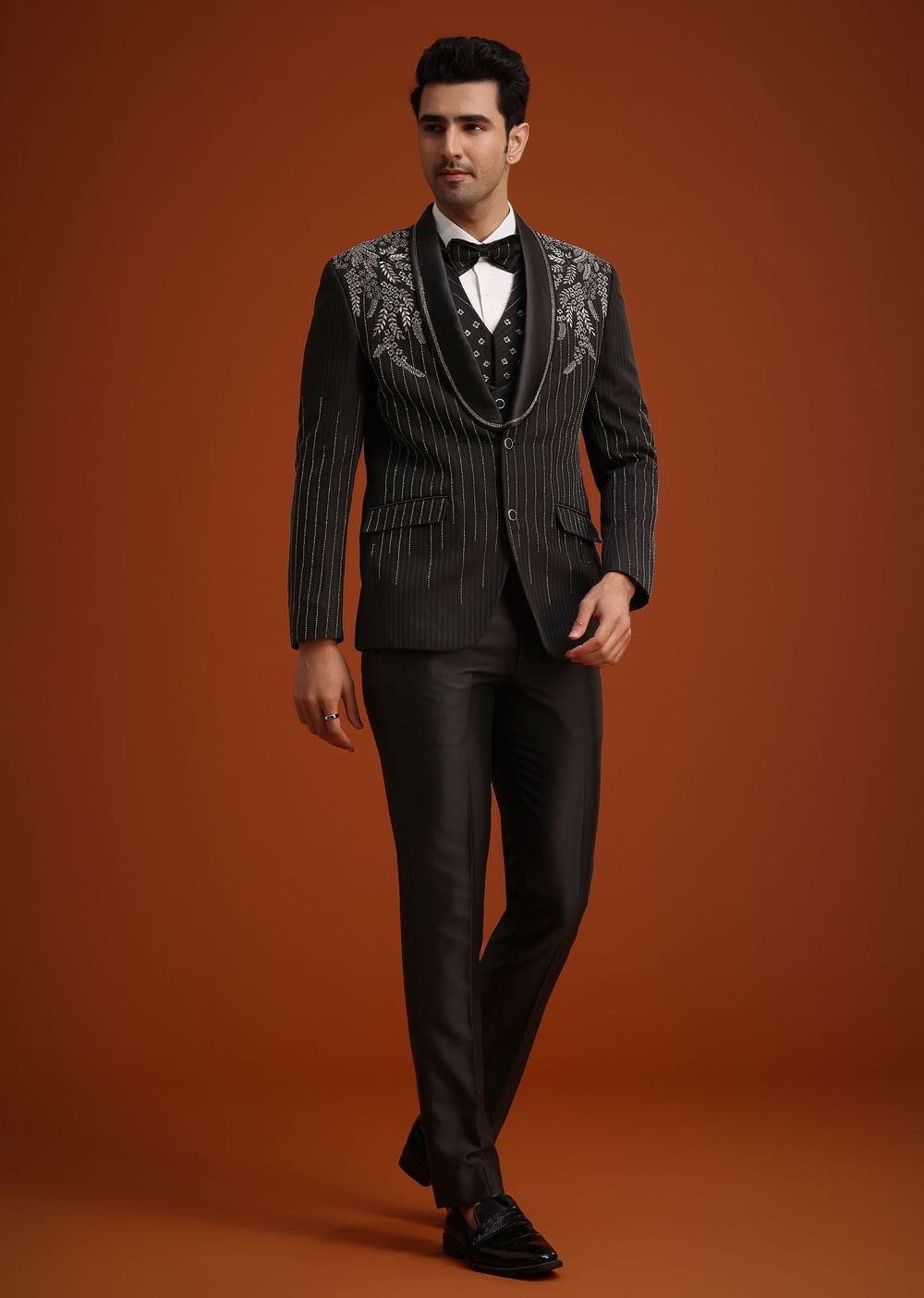 Black Rayon Tuxedo Set With Stone And Cutdana Work