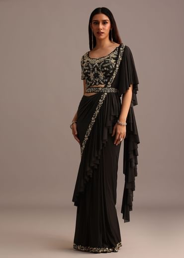 Black Ready Pleated Frills Saree With Embroided Blouse And Belt