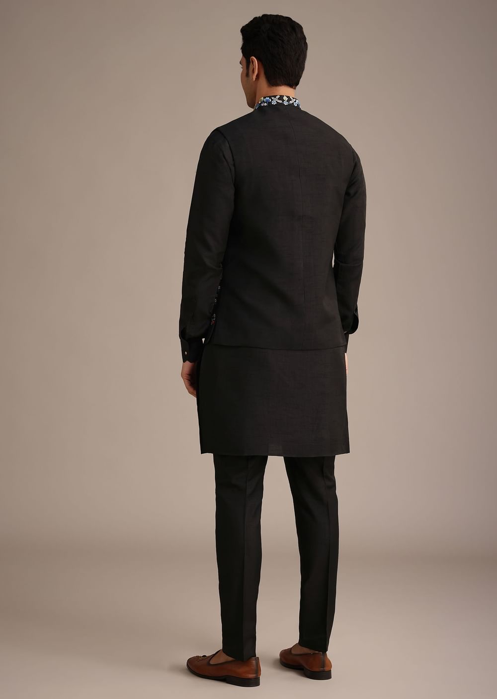 Black Resham Embroidered Jacket And Kurta Set In Silk
