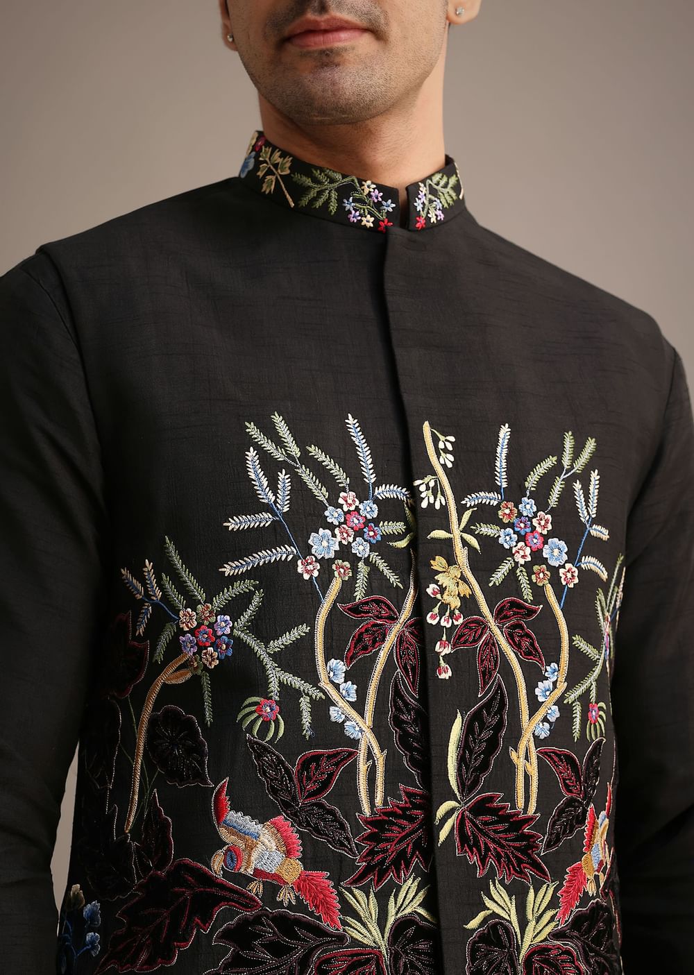 Black Resham Embroidered Jacket And Kurta Set In Silk