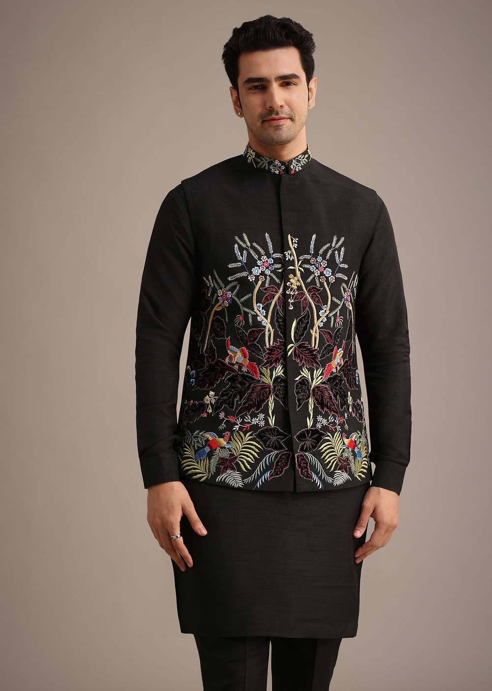 Black Resham Embroidered Jacket And Kurta Set In Silk