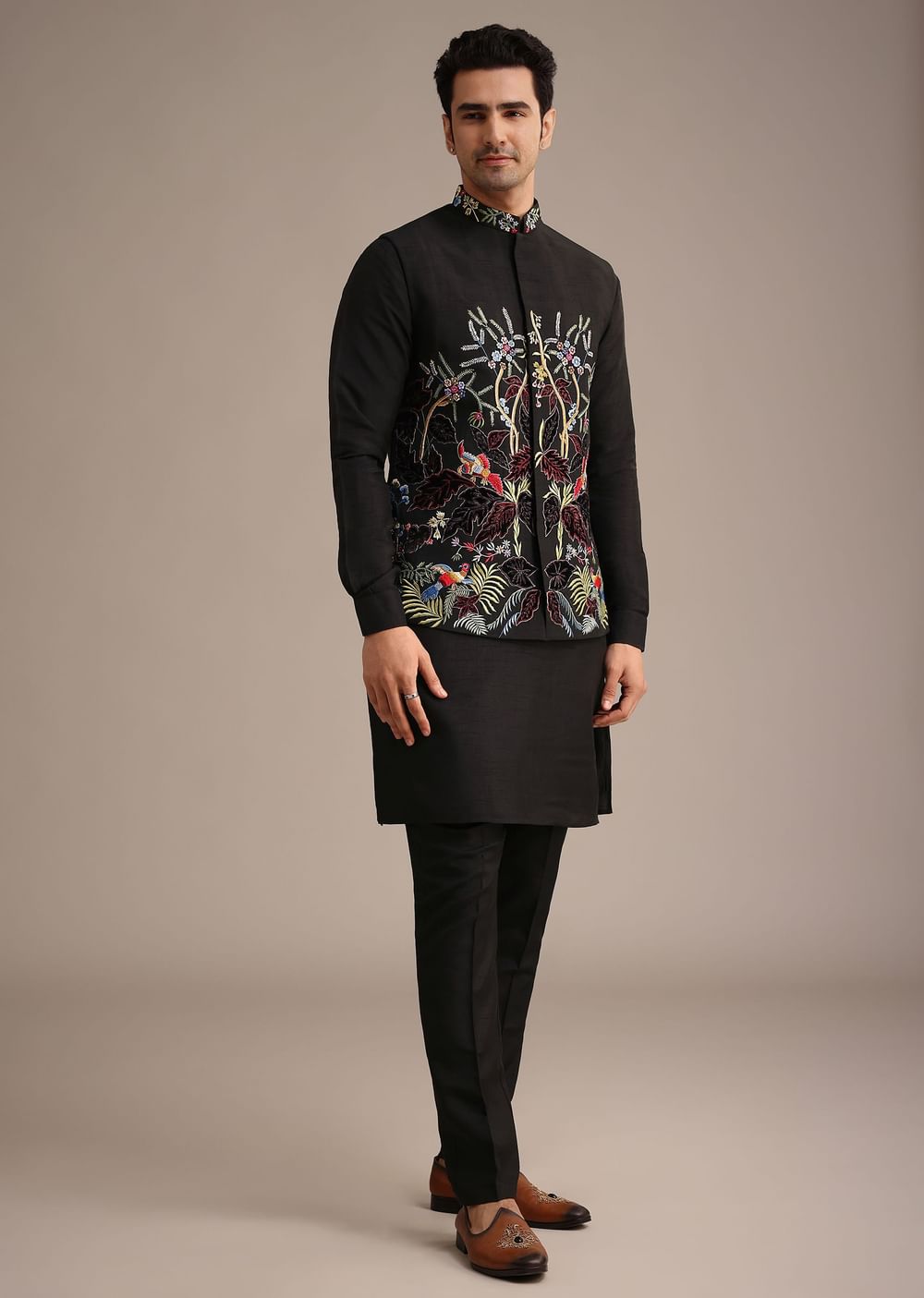 Black Resham Embroidered Jacket And Kurta Set In Silk