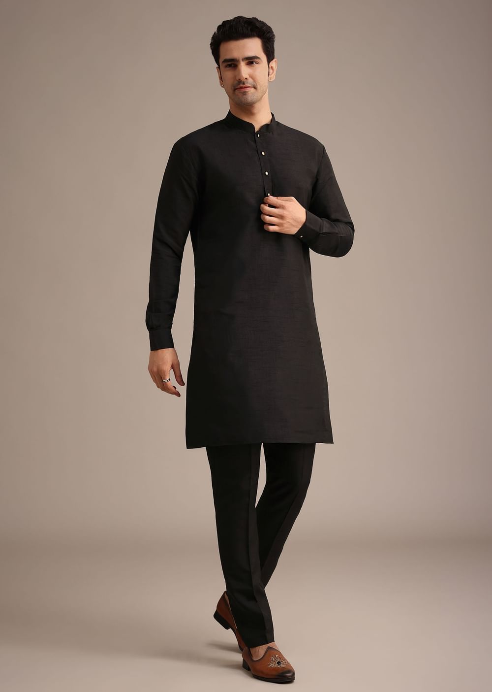 Black Resham Embroidered Jacket And Kurta Set In Silk