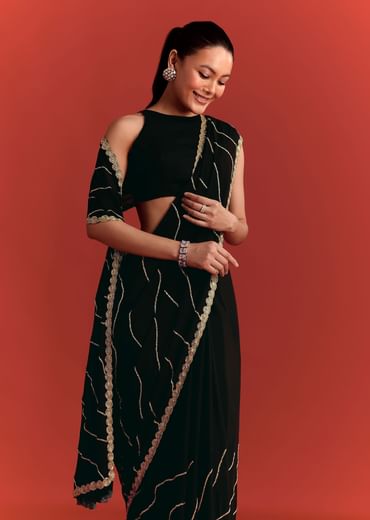Black Saree In Chinnon With Cutdana Work