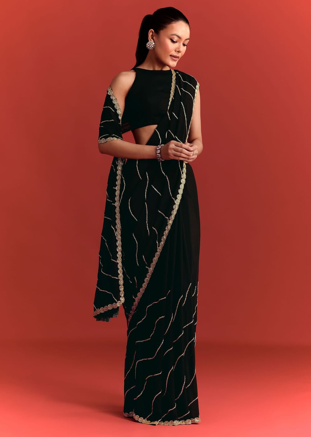 Black Saree In Chinnon With Cutdana Work